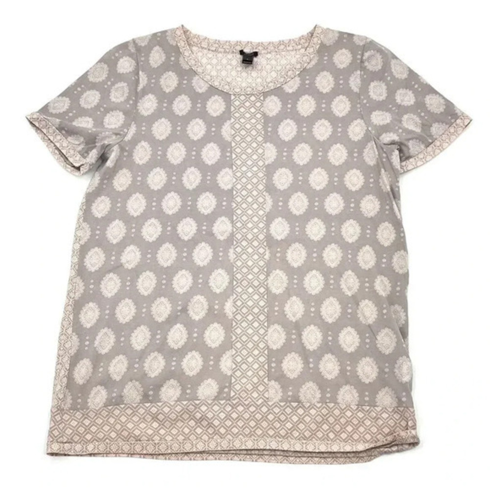 J. Crew Size S Blouse Tan Floral Boho Short Sleeves‎ Boat Neck Casual Career Top